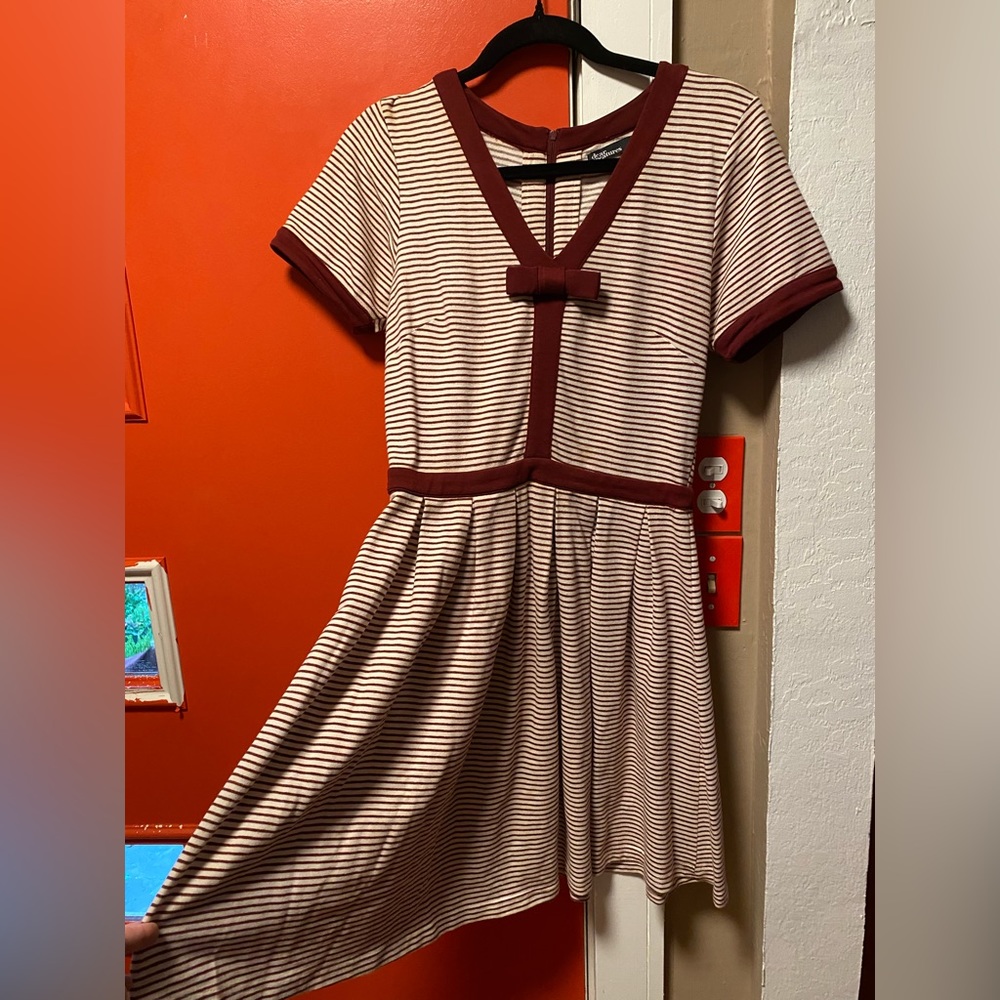 ModCloth Dear Creatures Burgundy Stripe Dress with Bow